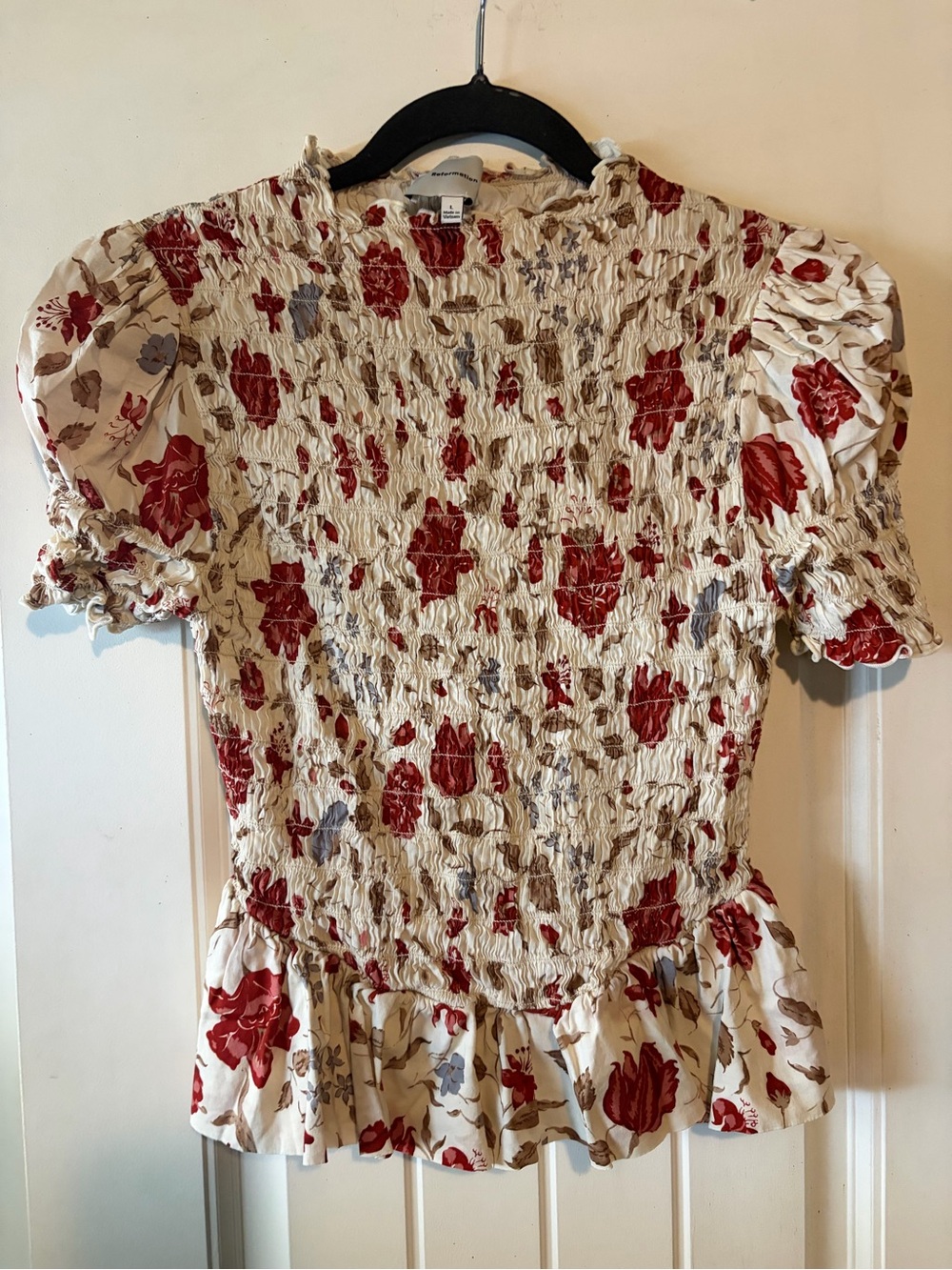 Reformation Floral Smocked Ruffle Sleeve Top - Cream with Red Floral